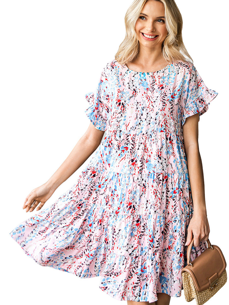 Short Sleeve Printed Dress Summer Casual Layered Ruffles