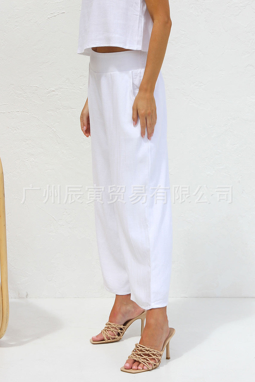 Casual Sleeveless Buckle Vest with Double Pocket Wide Leg Pants Suit