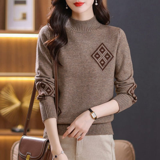 Women's Winter Mock Neck Plaid Colorblock Knitted Sweater - Western Style