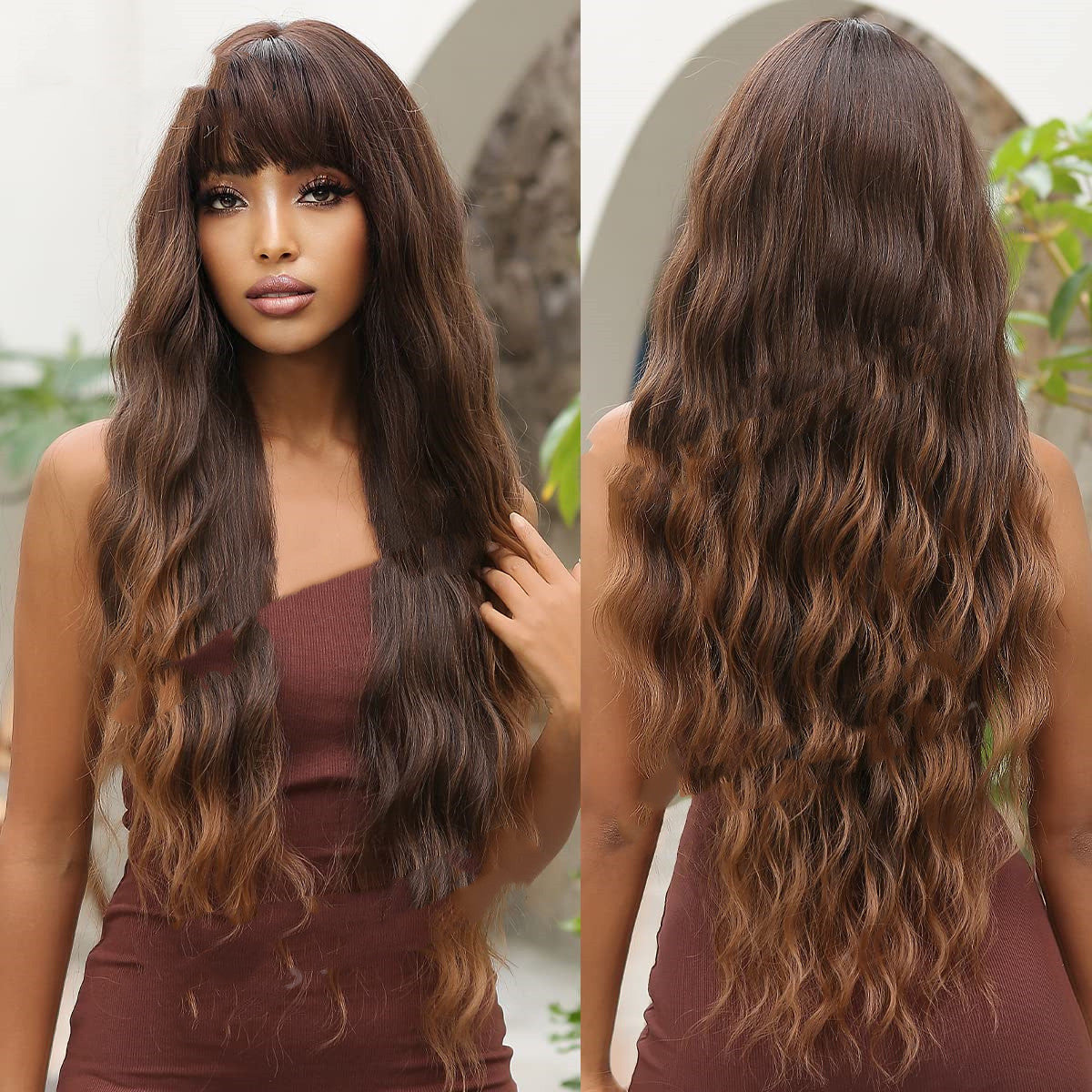 Dark Brown Dyed Light Brown Bangs Long Curly Hair Wigs Mechanism Headgear