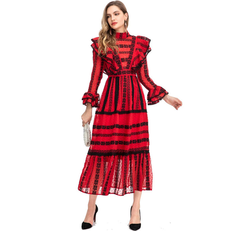 Retro Style Stand Collar Ruffle Stitching Machine Embroidery Red And Black Dress Dress