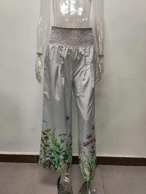 High-Waist Casual Wide Leg Pants with Elastic Printing and Pockets