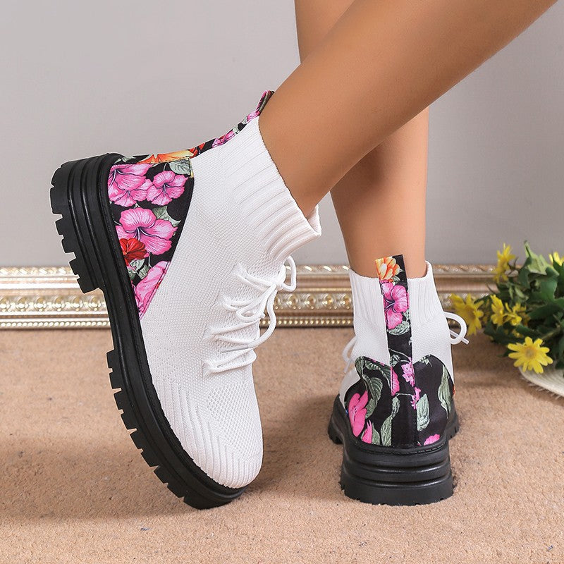 Stylish in Autumn and Winter with Flowers Print Knitted Mesh High