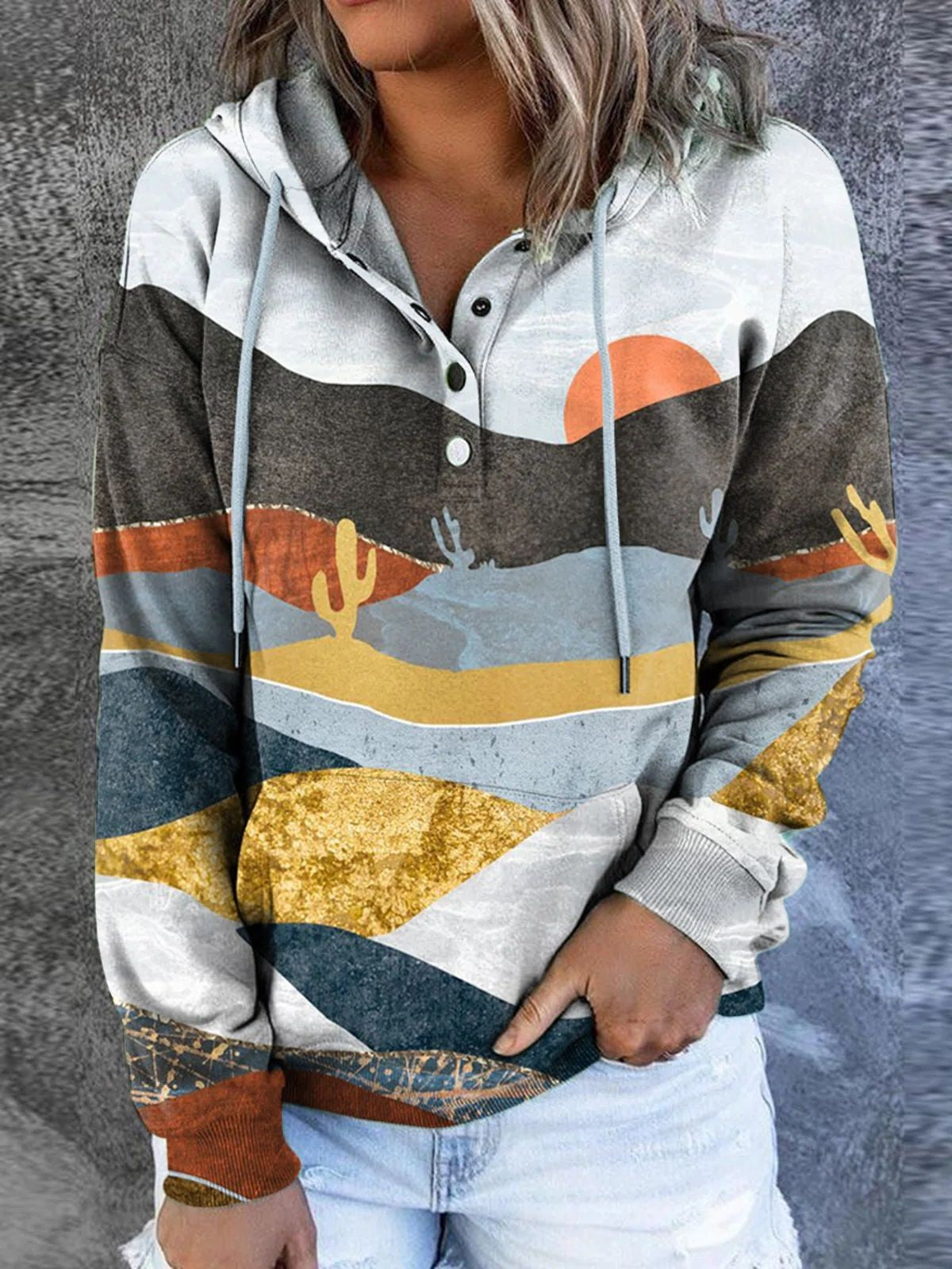 Fashion Casual Trendy Landscape Print Hooded Sweater