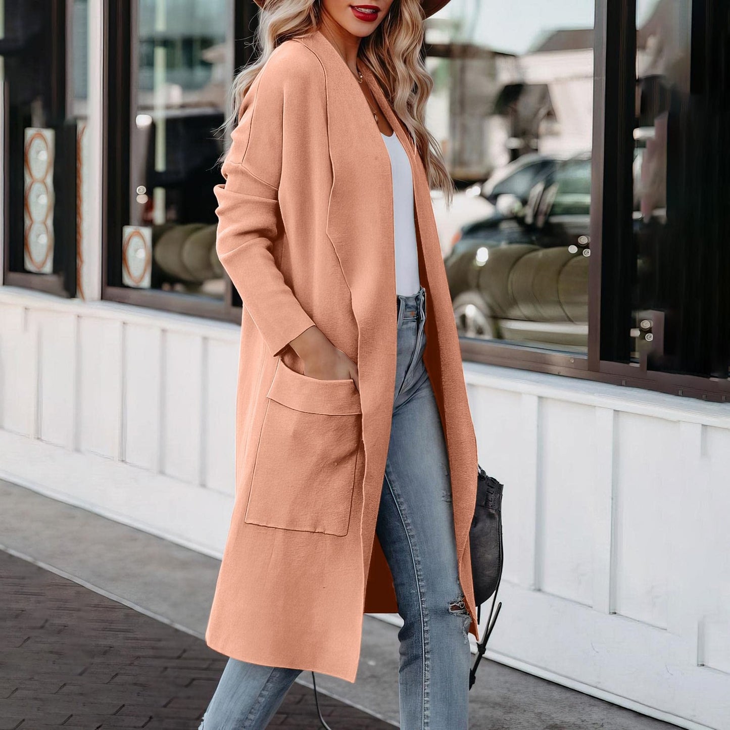 Leisure long solid color warm coat jacket for women