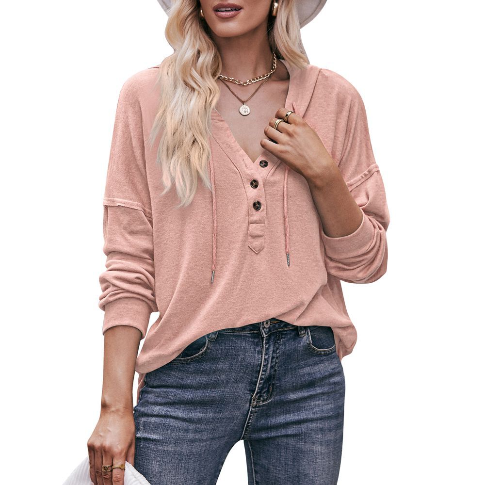 Hooded Sweaters V-neck Drawstring Pullover Sweatshirt Women Tops