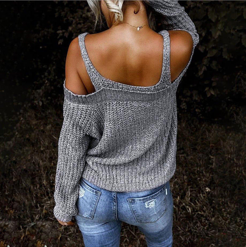 Women's Sexy Off-the-shoulder Strap Knitwear Solid Color Casual Long Sleeves Sweater