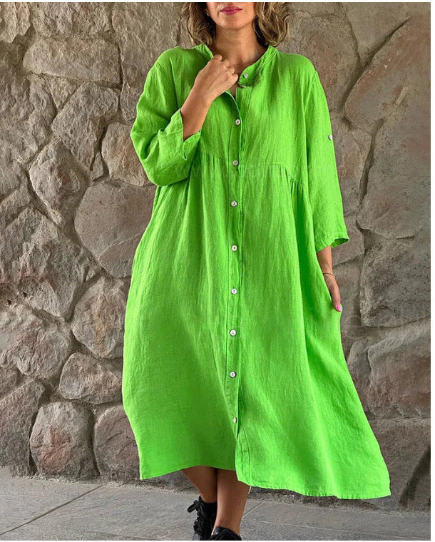 Casual Standing Collar Button Long Dress