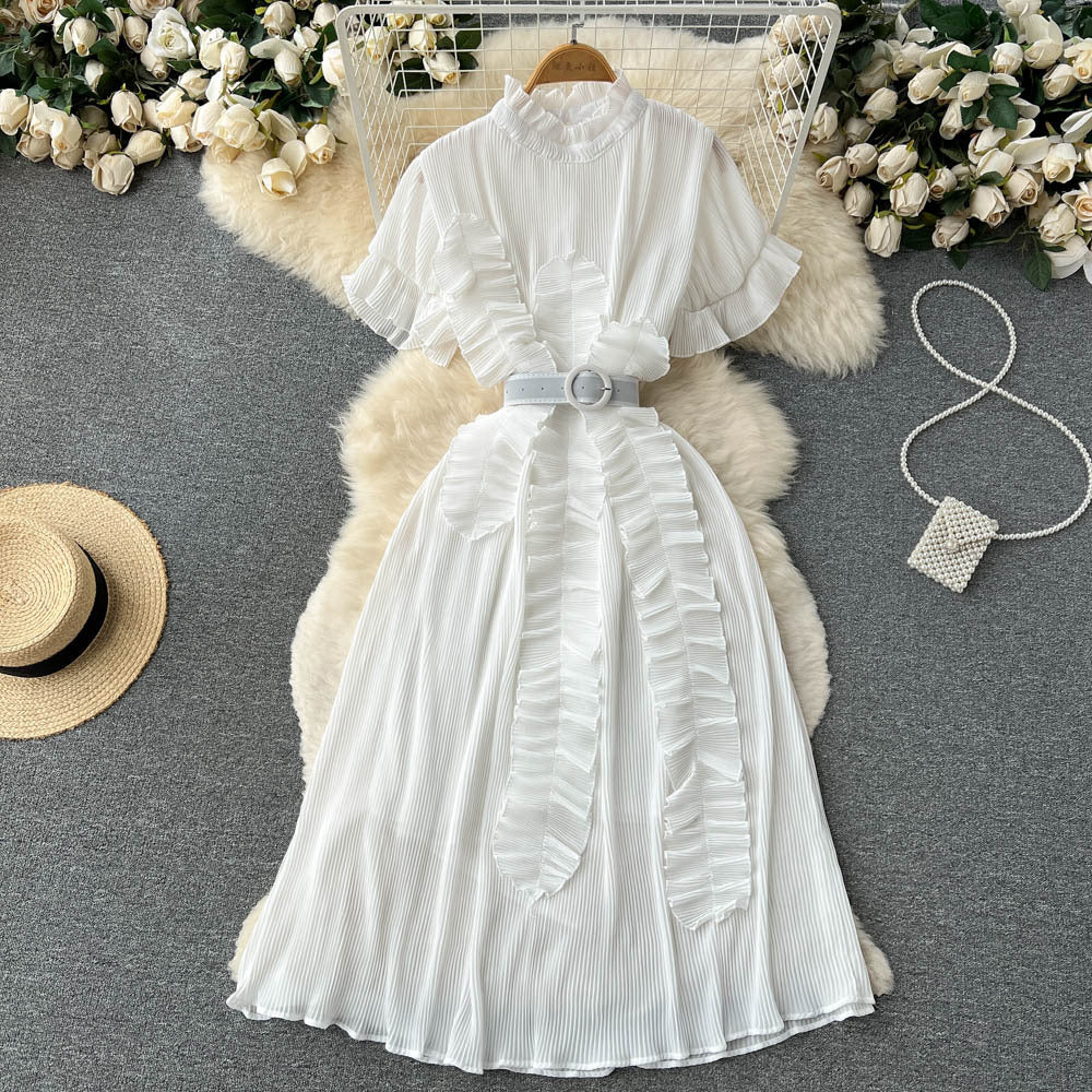 Pleated Ruffled Dress with Waist-Slimming Long Sleeves