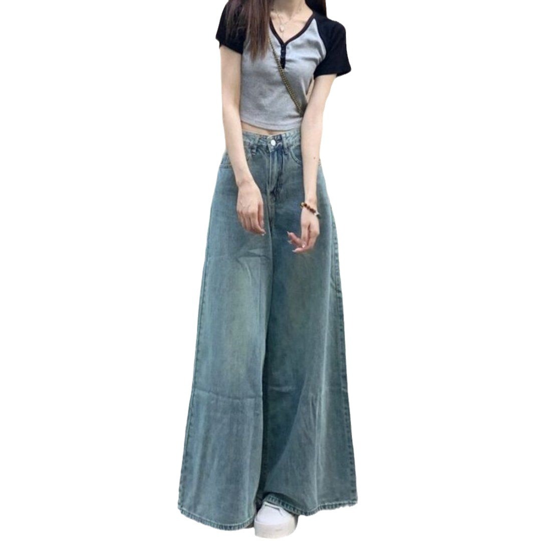 Washed-Out Vintage High-Waist Wide Leg Jeans - Slimming Fit