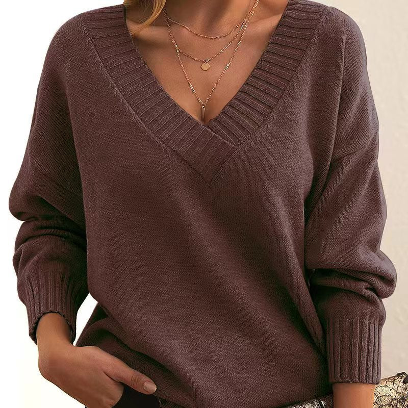 New Knitted Loose V-neck Pullover Top for Women