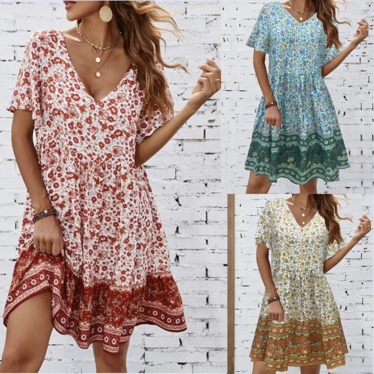 V-neck Short-Sleeved Printed Sleep Dress