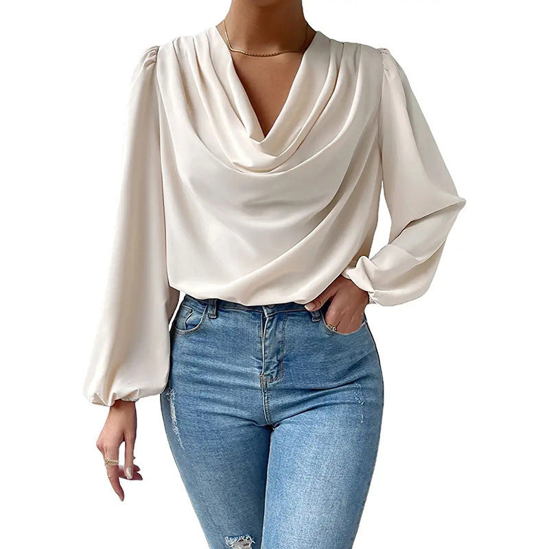 Summer Chiffon Draped V-neck Long-Sleeved Shirt, Loose Fit Top