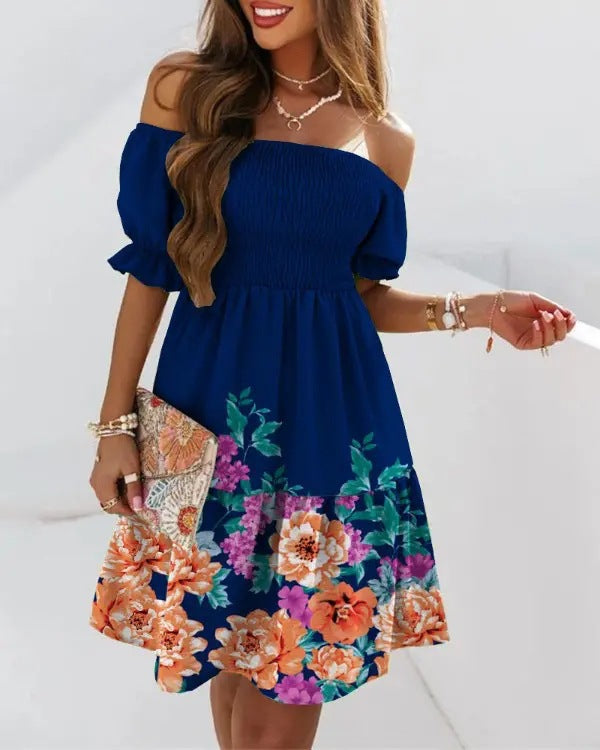 Printed Short Sleeve Dress Off-Shoulder Neckline Dress