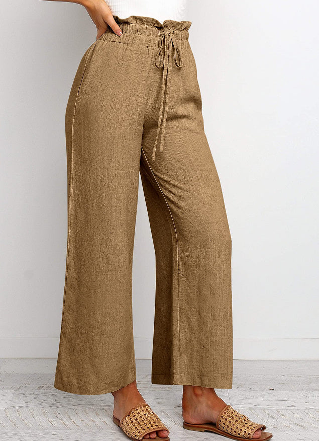 Solid Color Cropped Pants with Elastic Waistband and Lace-Up Wide Legs