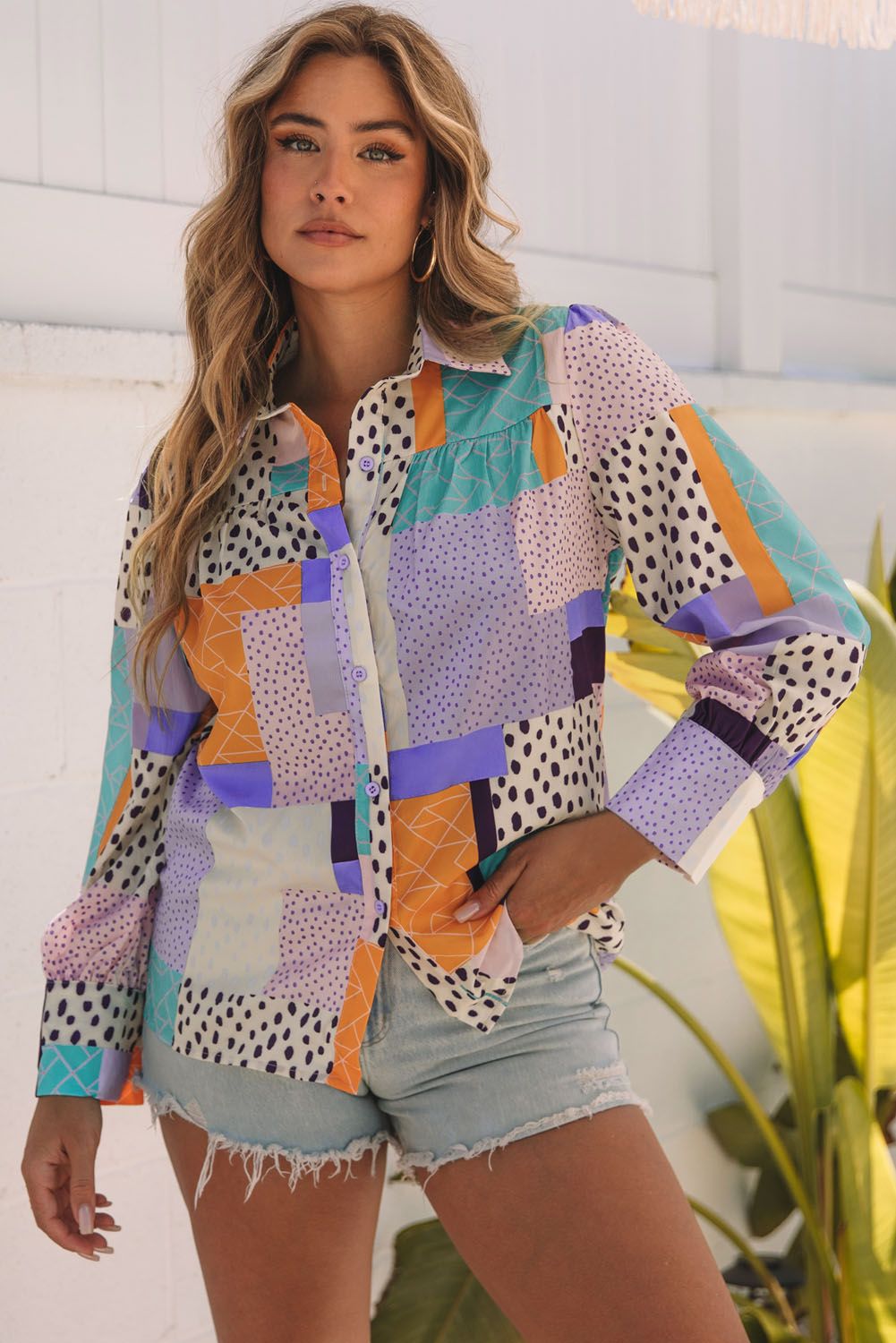 Women's Clothing Polychromatic Mixture Printed Front Button Cuffed Sleeve Shirt