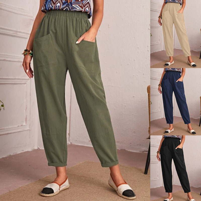 Casual Elastic-Waist Cotton Linen Pants for Women