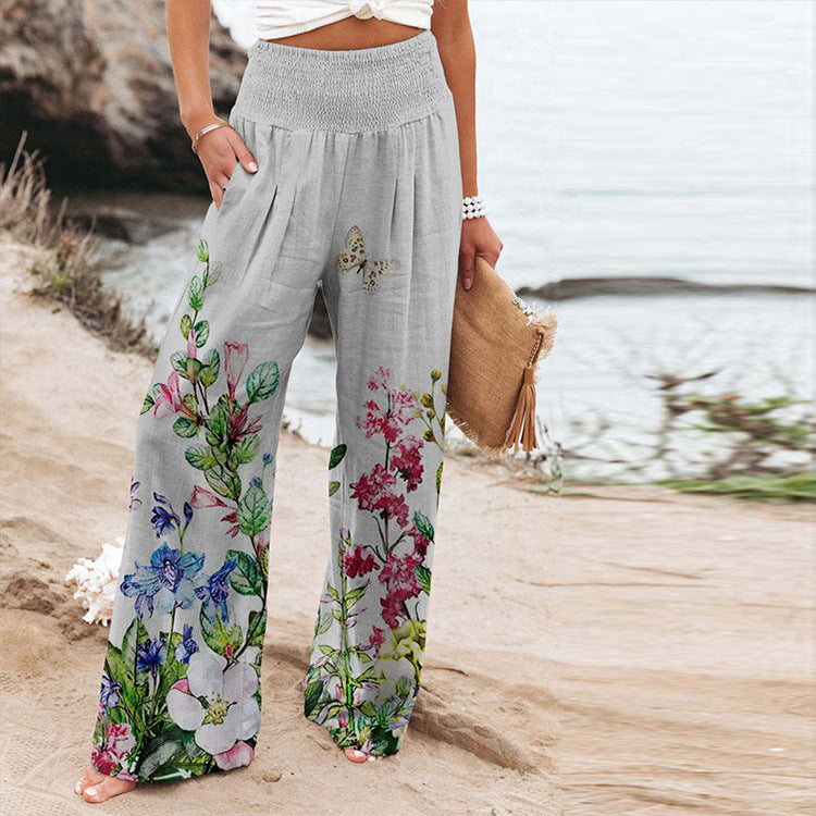 High-Waist Casual Wide Leg Pants with Elastic Printing and Pockets