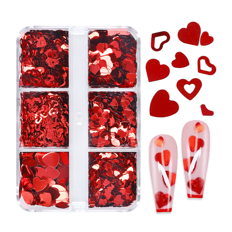 Small 6-cell Box Valentine's Day Series Bright Red Love Cut-out Nail Sequins