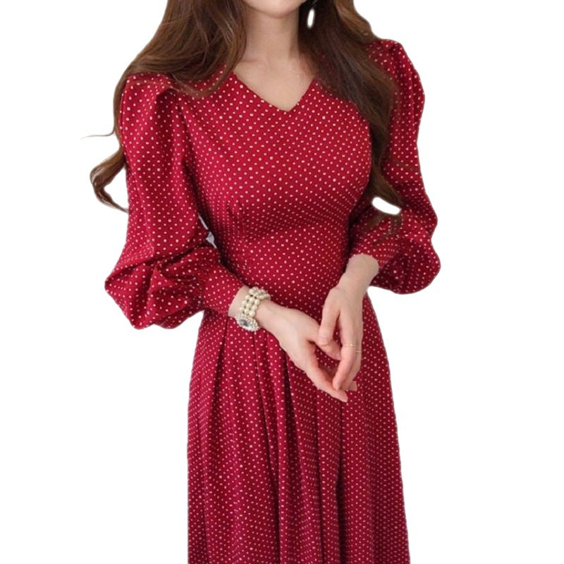 Trendy Women's High Waist Lace-Up Lantern Sleeve Dress with a Slim Collar and Slim Fit