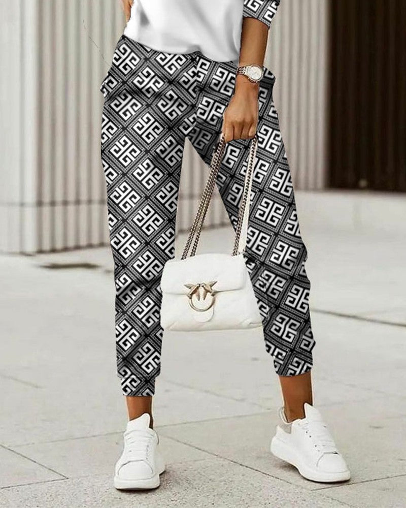 Women's  Commuter Top Printed Trousers Zipper Fashion Suit