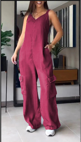 European and American Style V-Neck Jumpsuit with Thin Jeans Fabric and Pockets