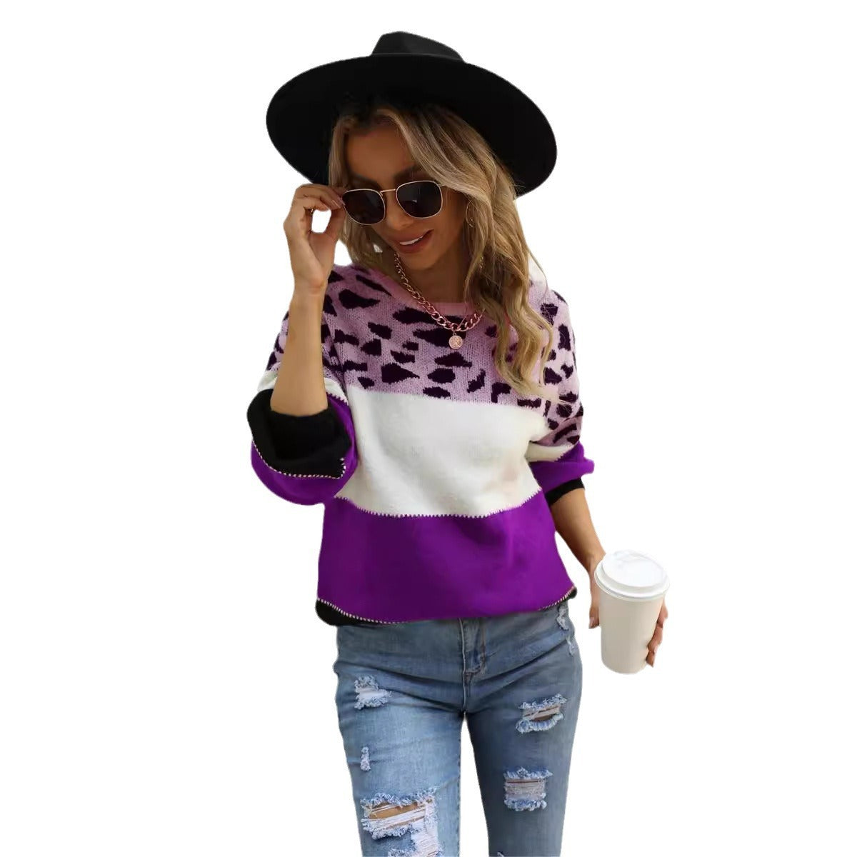 Plus Size Crew Neck Pullover Sweater with Stitching Leopard Print