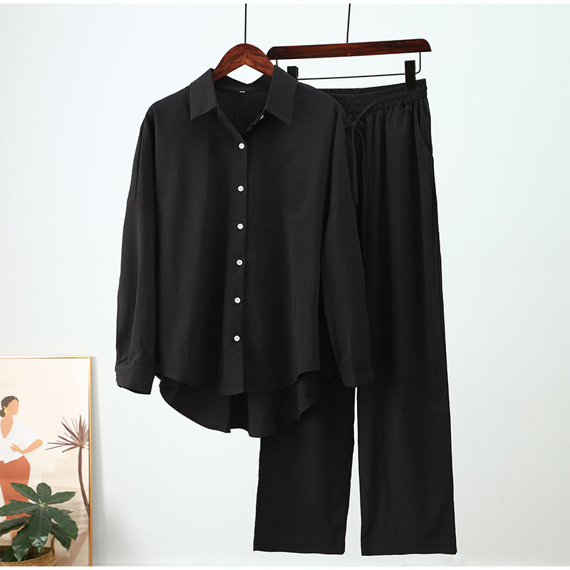 New Loose Elastic Wrinkle Long-Sleeved Shirt and Wide-Leg Pants Casual Suit