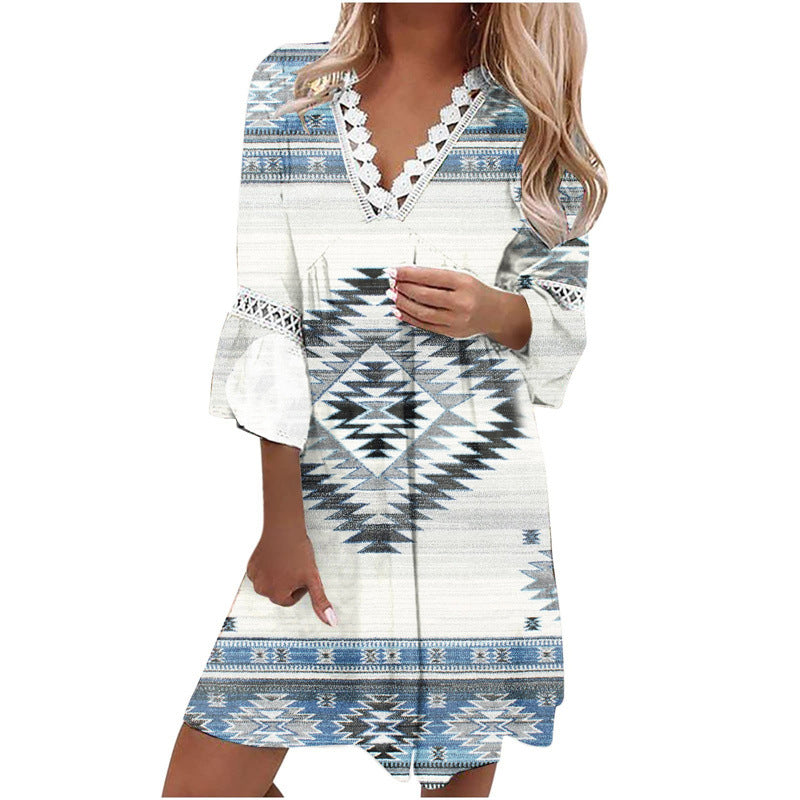 Women's Lace V-neck Patchwork Loose Casual Dress