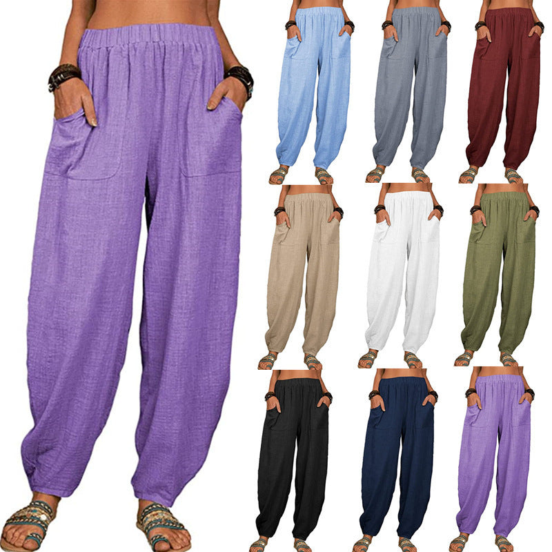 Summer Fashion Solid Color Casual Loose Harem Pants with Pockets for Women