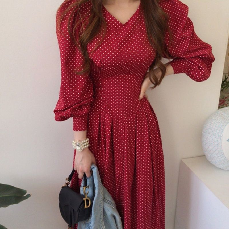 Trendy Women's High Waist Lace-Up Lantern Sleeve Dress with a Slim Collar and Slim Fit