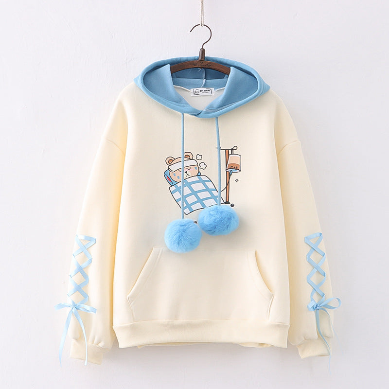 Women's Cartoon Printed Color Matching Fleece Thickened Sweater