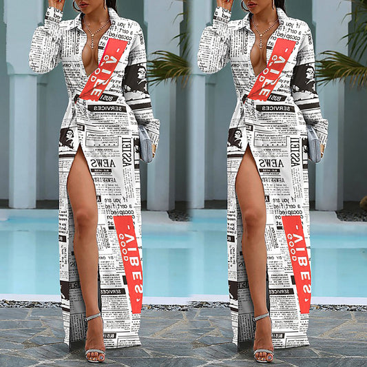 Printed Lapel Long Sleeve Sexy Shirt Dress Long Skirt