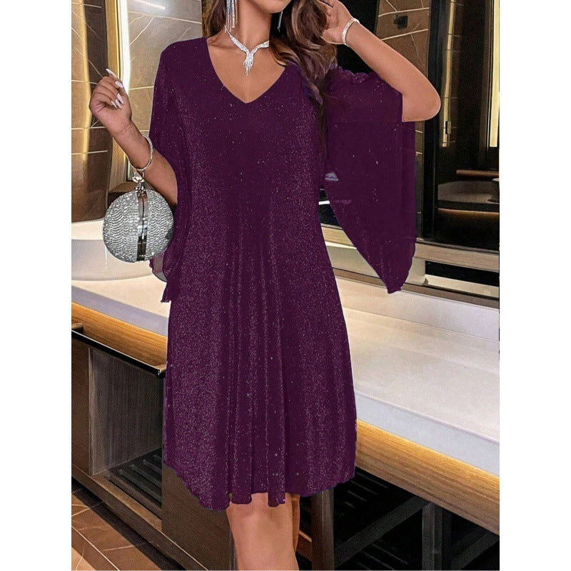 V-neck Half Sleeve Shiny Loose Waist Dress for Women