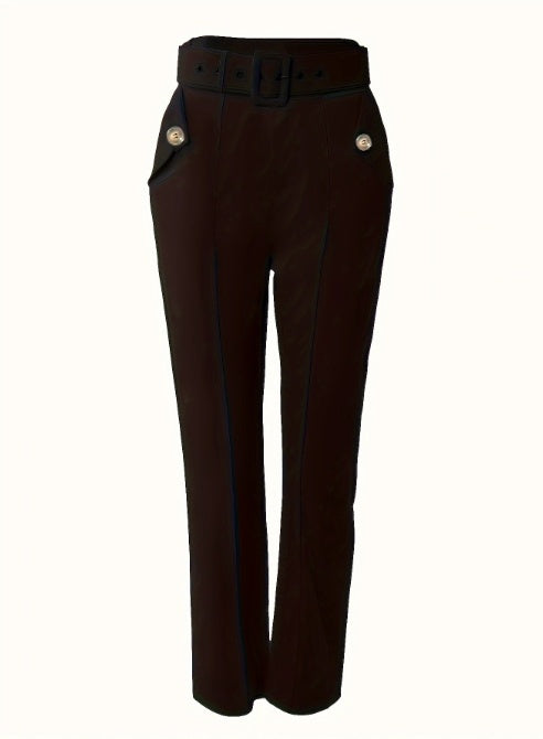 Women's Solid Color Belt Button Design Versatile Fashion Pants