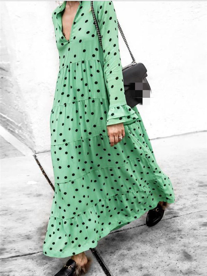 Polka Dot Deep V-Neck Dress with a Flowing Long Skirt