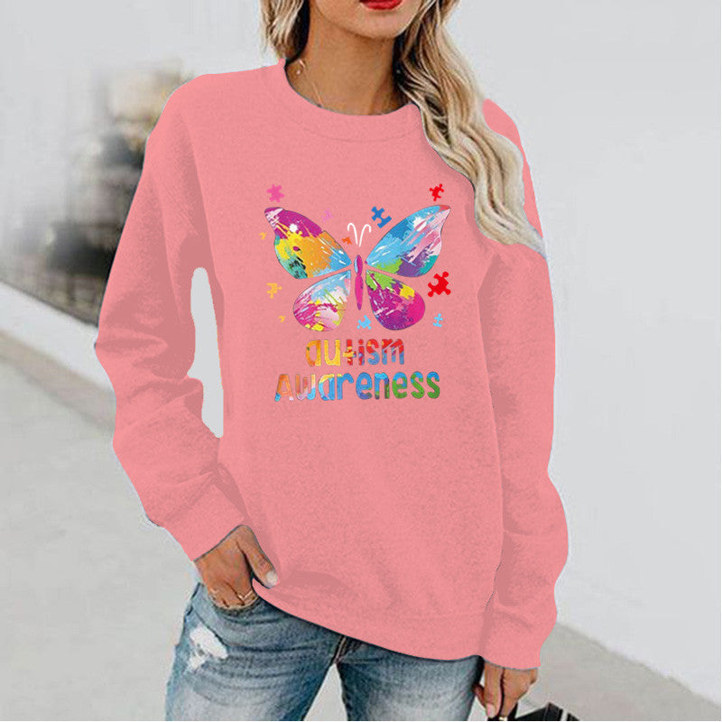 Women's Butterfly Print Long Sleeve Hoodless Round Neck Sweatshirt