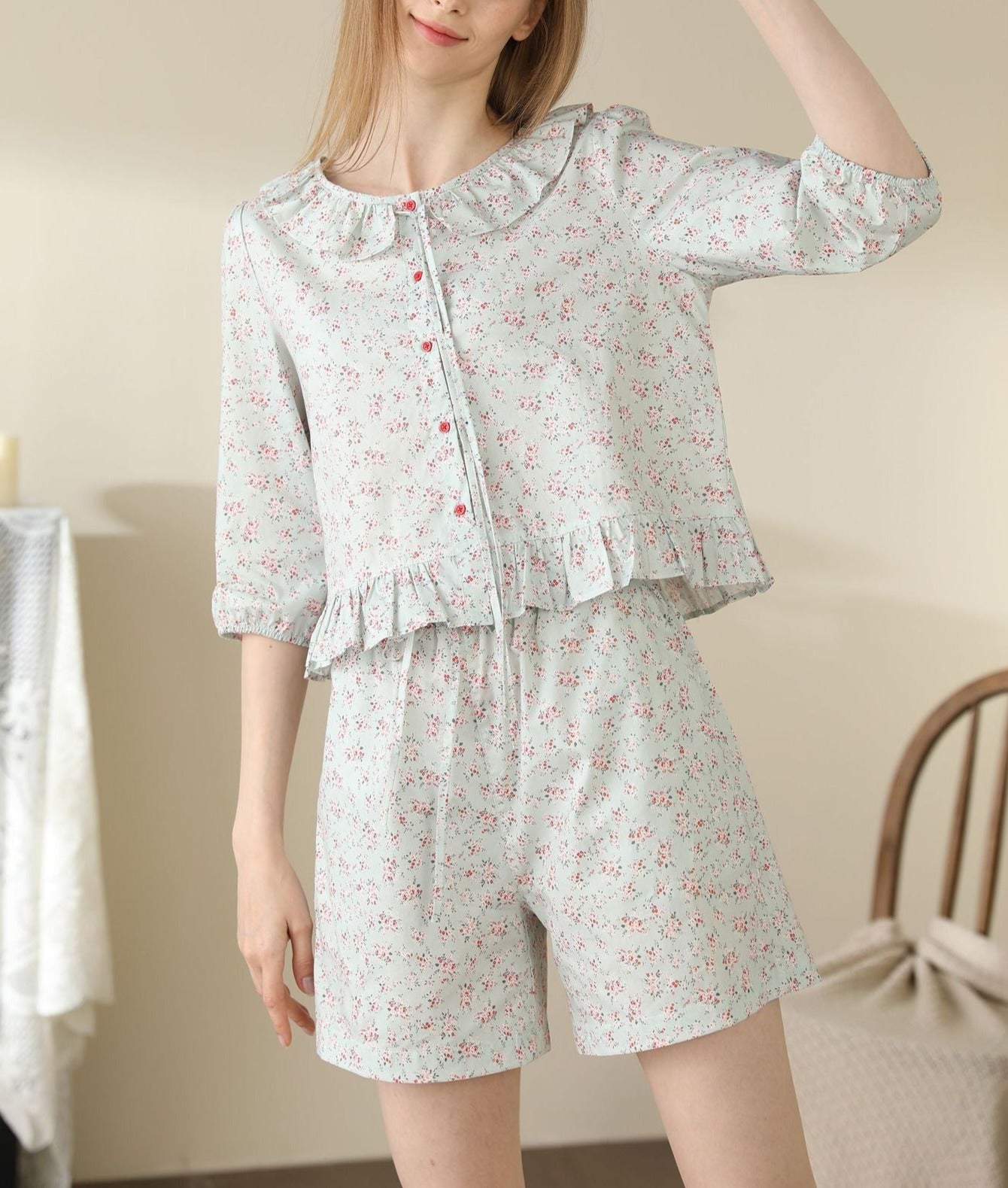 Floral Cardigan Pajama Set Lace Collar