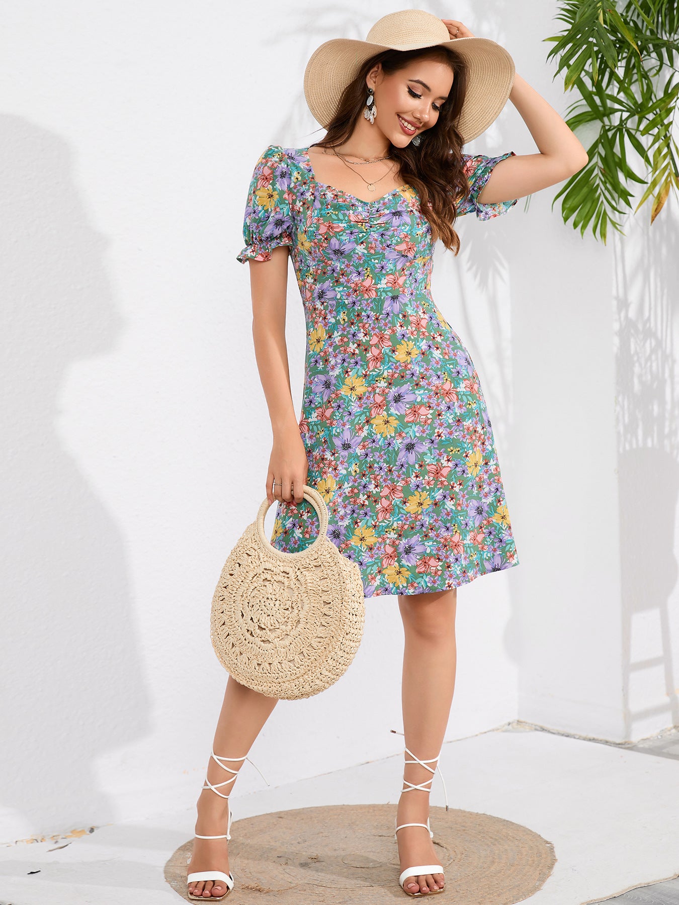 Women's Waist-tight Floral Short-sleeved Dress