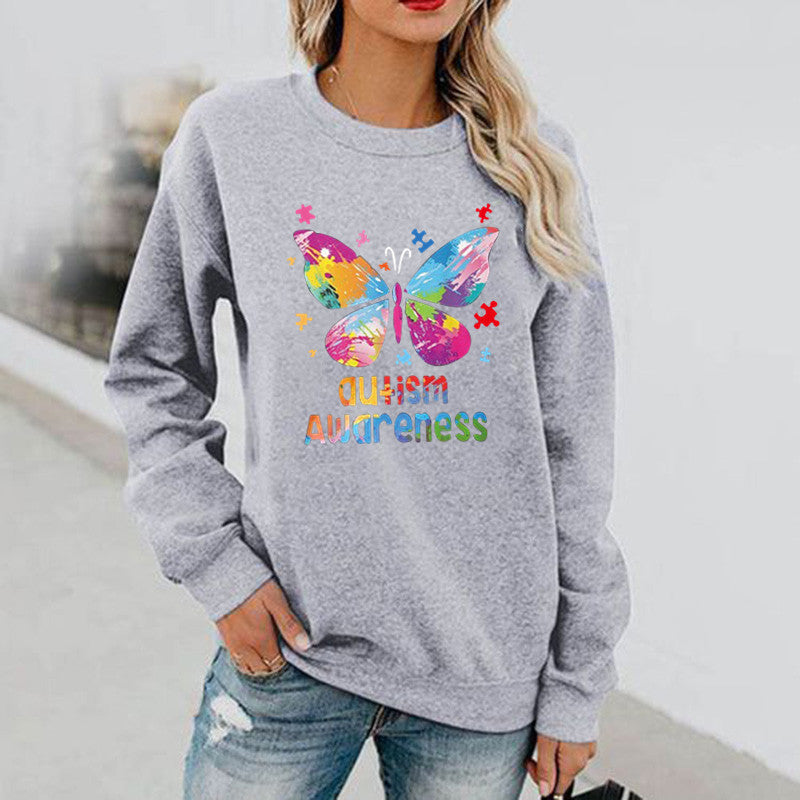 Women's Butterfly Print Long Sleeve Hoodless Round Neck Sweatshirt