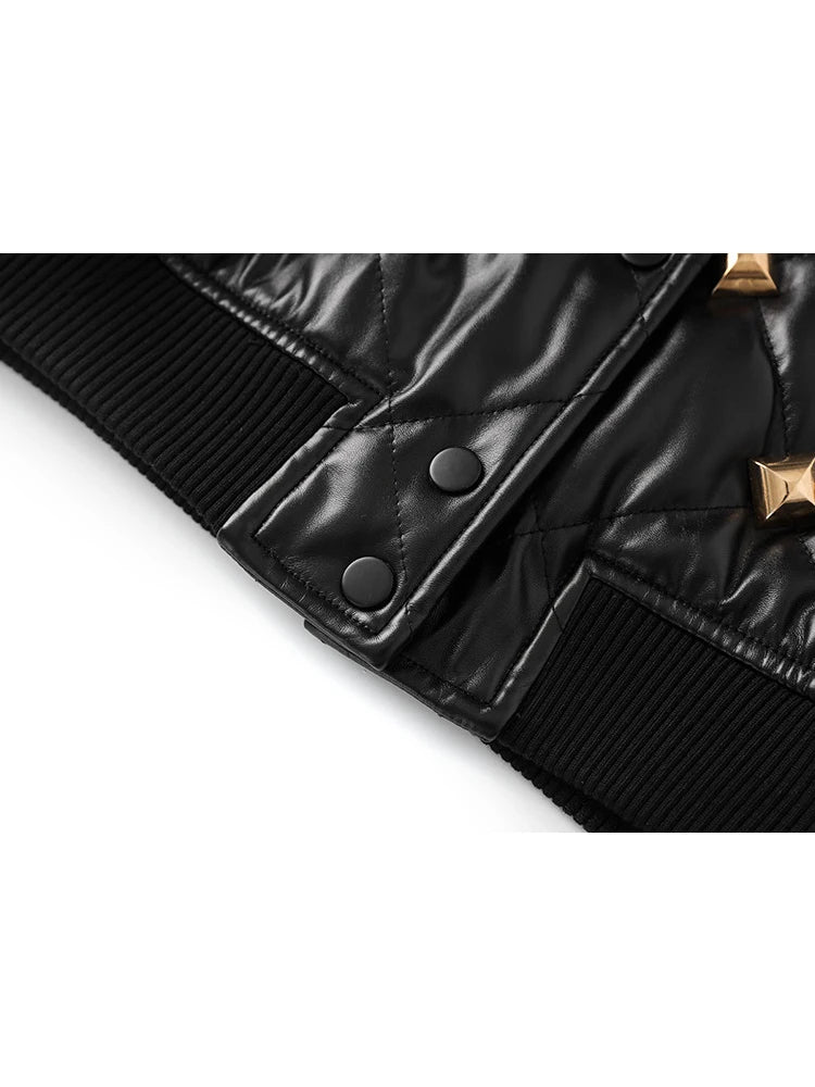 Fall Winter Designer Jacket Women's Rivet Buckle Stand Collar Threaded Splicing Leather Jacket