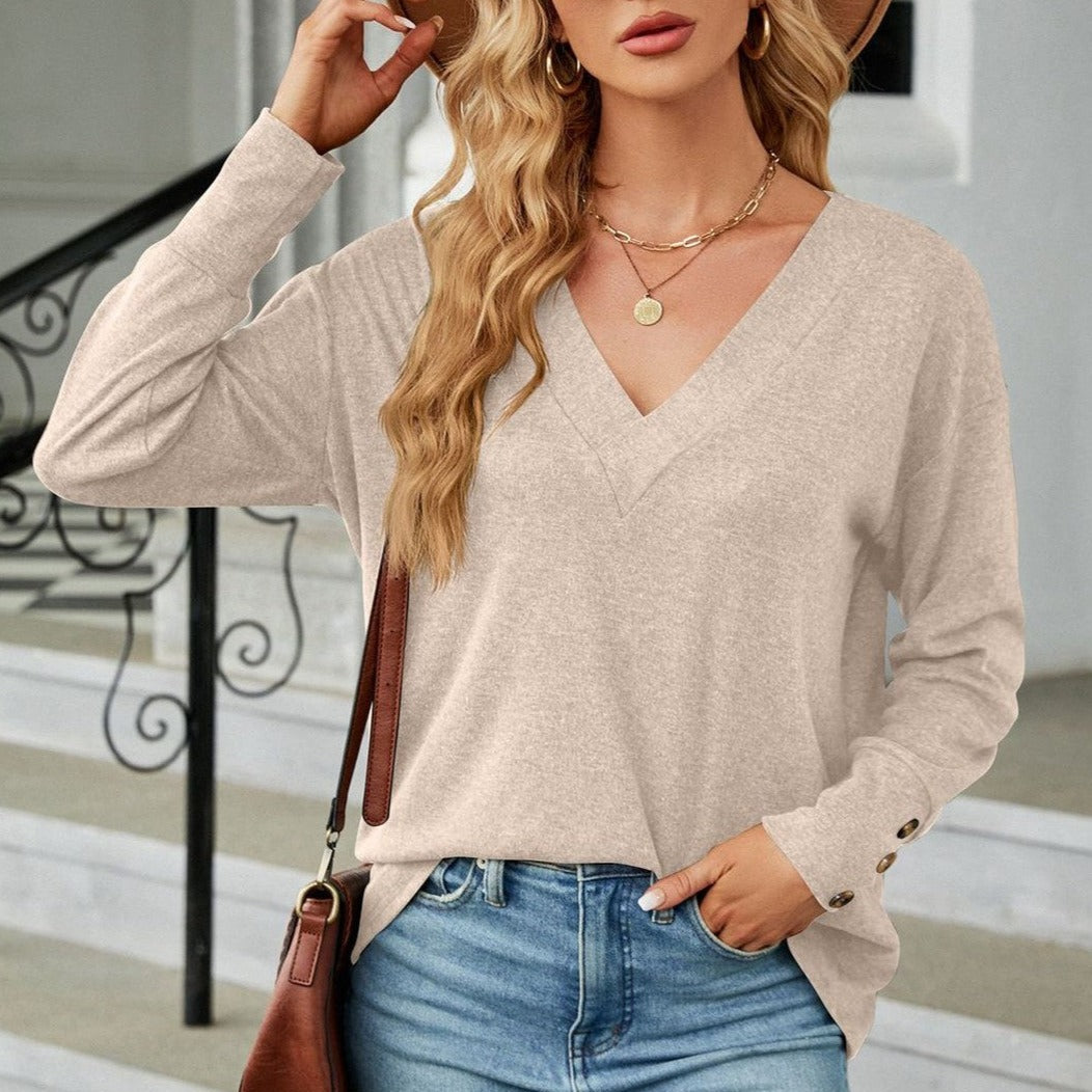 Solid Color And V-neck Loose Long Sleeve Button T-shirt Top