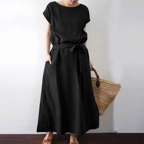 Bohemian Short Sleeve Round Neck Solid Color Cotton Linen Belt Long Dress