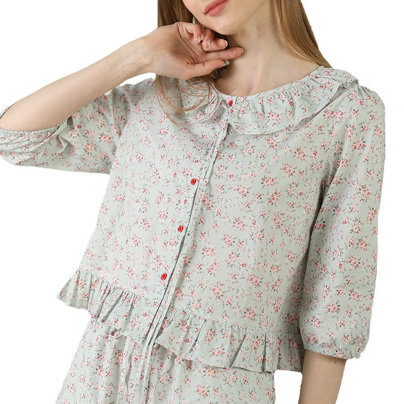 Floral Cardigan Pajama Set Lace Collar