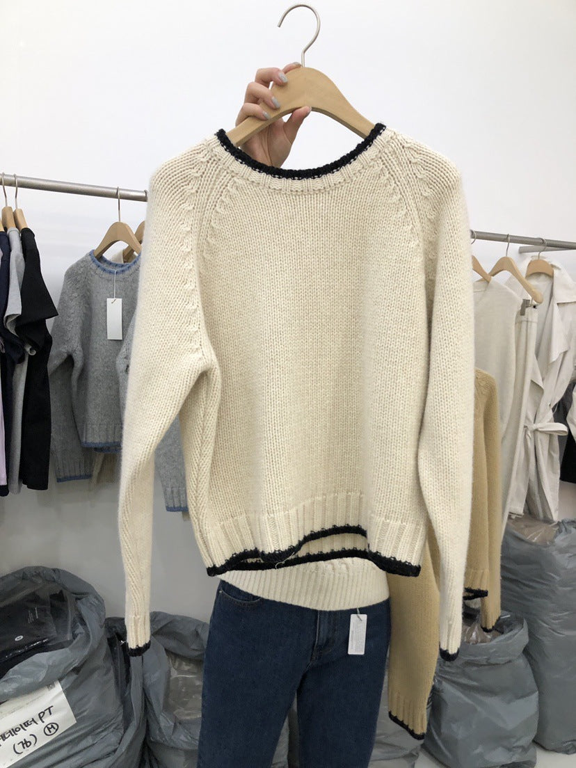 Contrast Color Round Neck Sweater with Knitted Collar