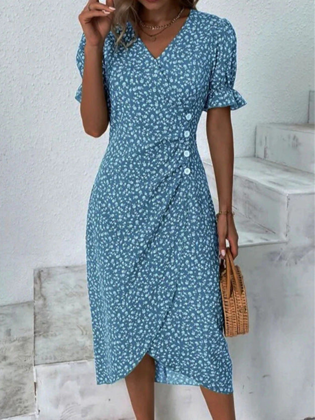 Stylish Women's V-neck Floral Hem Irregular Pattern Print Dress