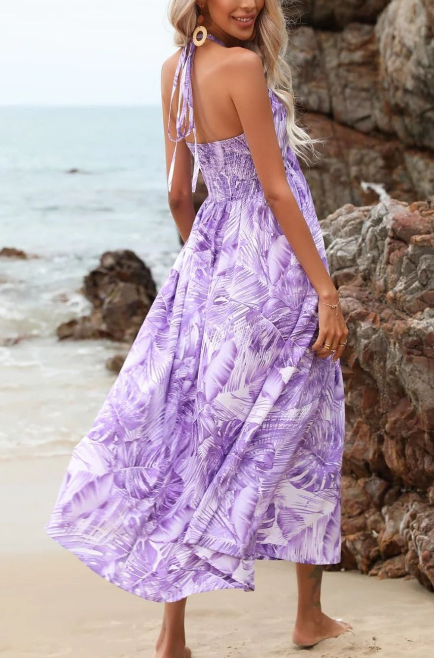 Printed Backless Sleeveless Drawstring V-neck Halter Dress