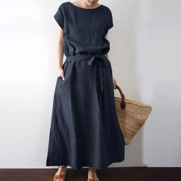 Bohemian Short Sleeve Round Neck Solid Color Cotton Linen Belt Long Dress