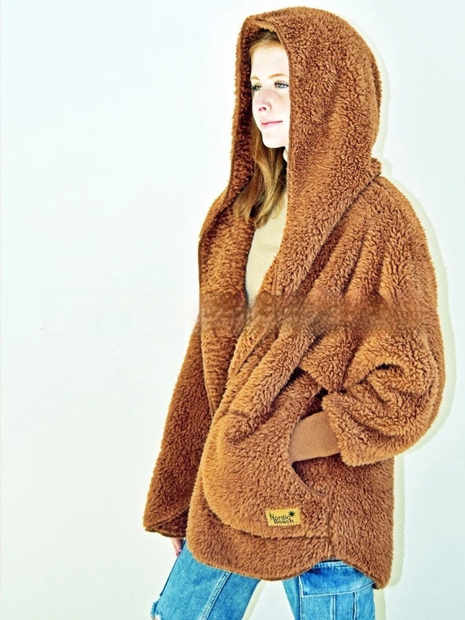 Furry Hooded Cardigan Coat for Women with Pocket Design