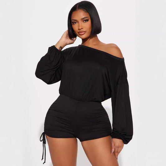 Women's Off-Shoulder Diagonal Collar Long Sleeve Loose Jumpsuit